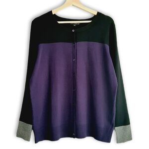 ADDITION ELLE Button Front Fine Knit Cardigan Colorblock Purple & Black Sz 1X